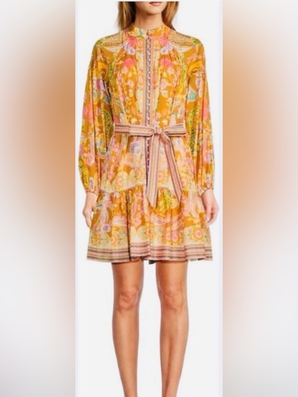 Antonio Melani Brynn Mustard Paisley Cotton Voile Mini Shirt Dress Ruffle 6 NWOT